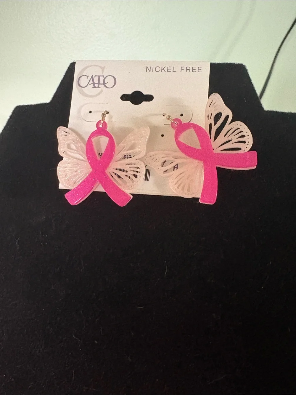 Cato Hot Pink Ribbon Butterfly Breast Cancer Dangle Earrings